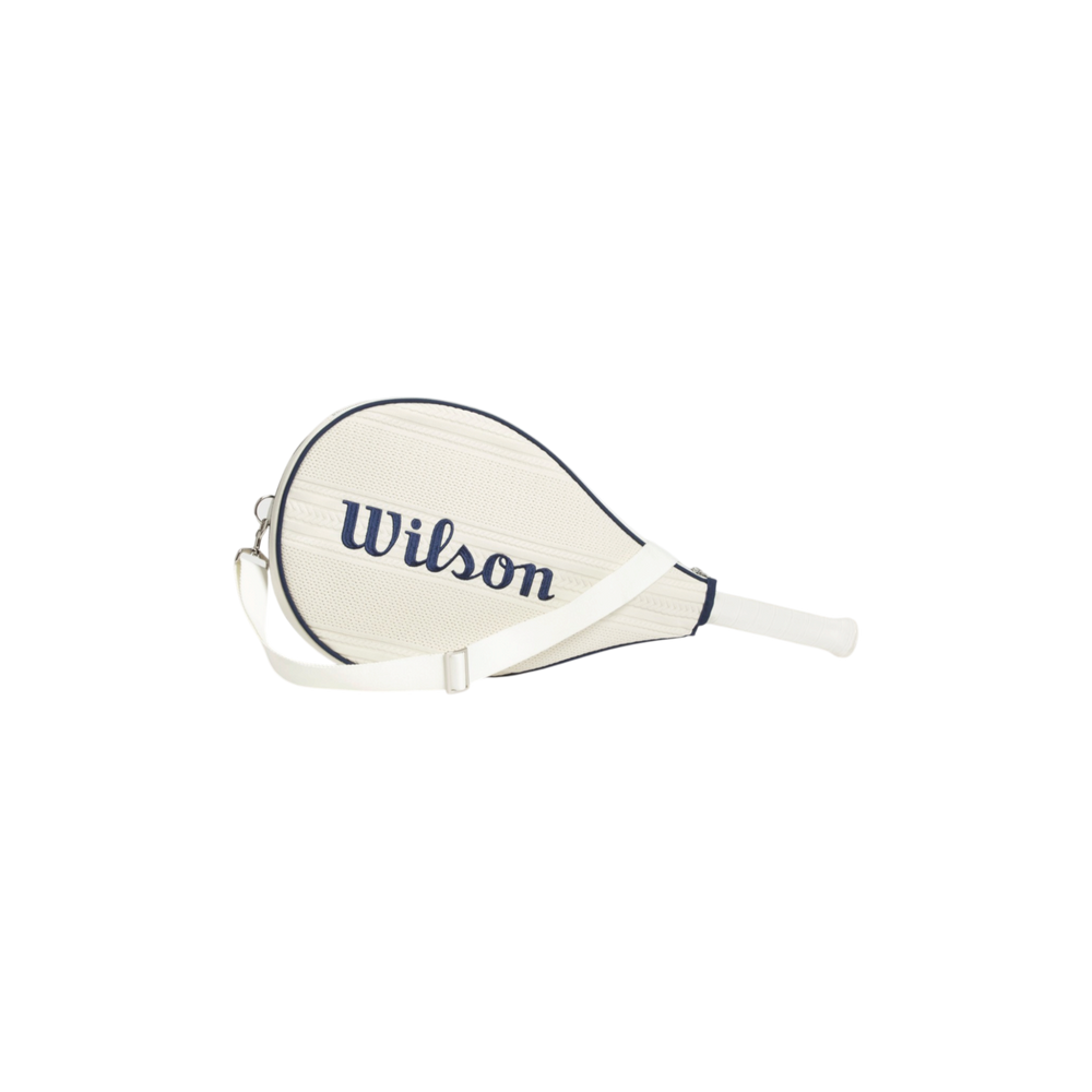 Wilson Unisex Knit Racket Cover in Sandrift with adjustable shoulder strap for tennis racket protection and carrying