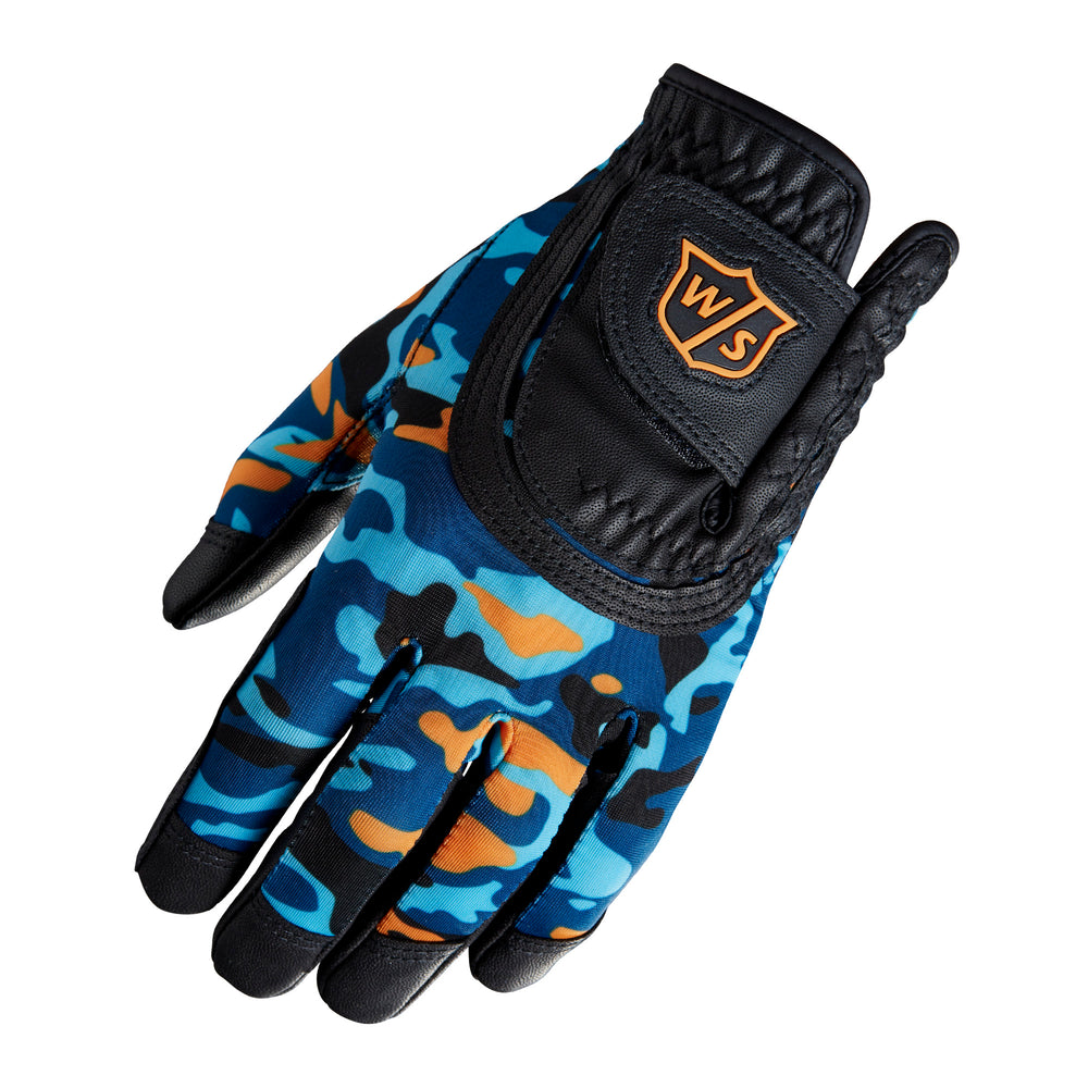 Wilson Staff Fit All Junior Golf Glove, Blue/Orange/Black Camo Print